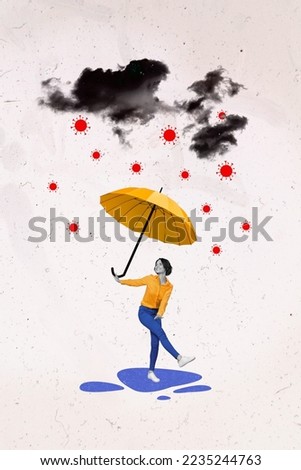 Vertical collage illustration of excited cheerful girl hold umbrella dancing virus bacteria clouds rain isolated on creative background