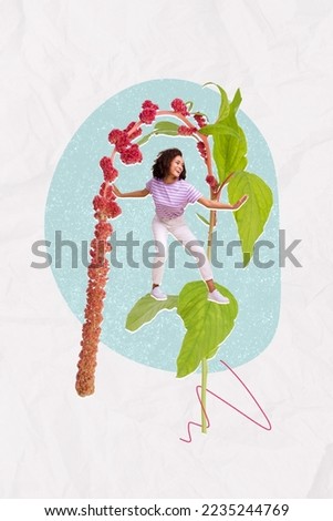 Vertical collage picture of excited positive girl stand balancing flower plant leaf isolated on drawing background