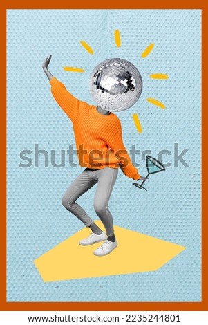 Vertical collage illustration of excited person disco ball instead head drawing cocktail glass hand isolated on painted background