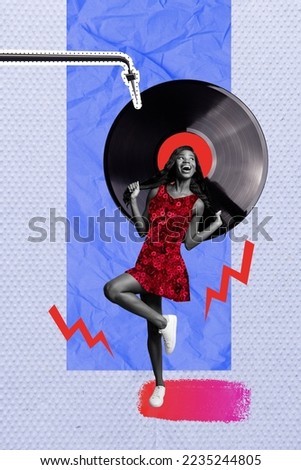 Vertical collage picture of cheerful black white gamma girl enjoy dancing big vinyl record player isolated on creative background