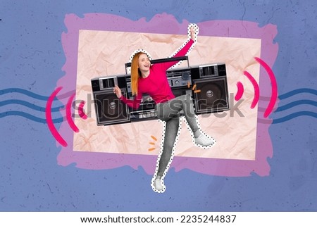 Collage photo poster invitation nightclub party vintage boombox near dancing feel vibe girl celebrate open entrance isolated on blue background