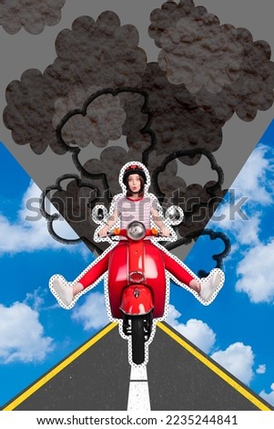 Photo artwork minimal collage picture of shocked lady riding moped breathing transport pollution isolated drawing background