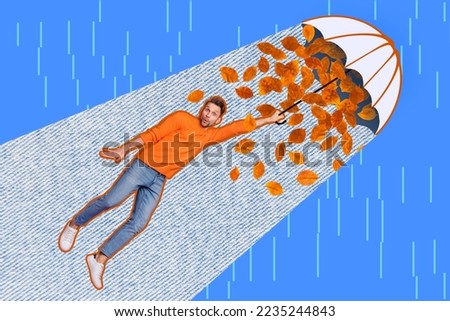 Collage photo of guy wear orange sweatshirt hold parasol fly air with protection waterproof rainy weather drop leaves isolated on blue background