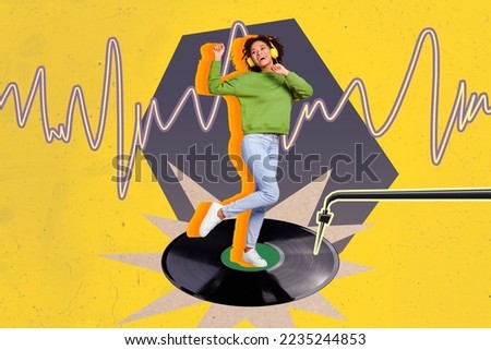 Creative abstract collage template graphics image of carefree lady enjoying music headphones isolated drawing background