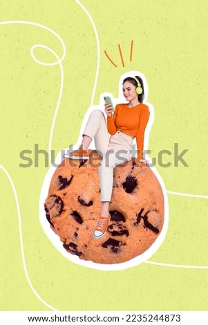 Exclusive magazine picture sketch collage image of happy positive lady enjoying songs sitting huge cookie isolated painting background