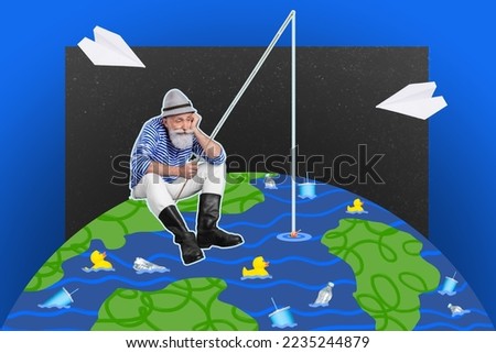 3d retro abstract creative collage artwork template of unhappy mature grandfather fishing dirty sea isolated painting background