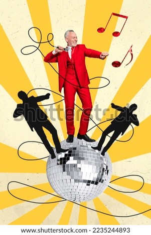 Collage photo banner of old age pensioner singing song stay abstract discoball hold wire microphone dance rhythm isolated on yellow background