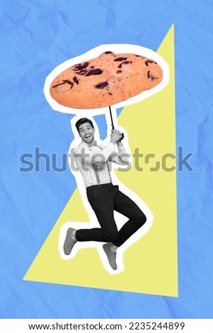 Creative 3d photo collage artwork graphics painting of funky smiling guy flying biscuit umbrella isolated drawing background