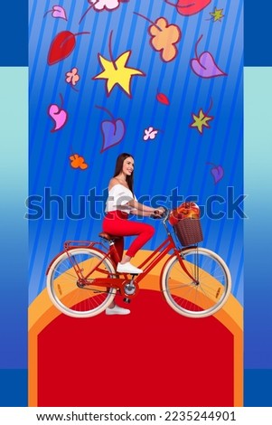 Collage photo of young sportive lady like hobby ride bicycle with basket apples vitamins autumn dieting falling leaves isolated on blue background