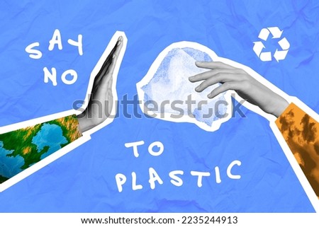 Collage 3d image of pinup pop retro sketch of hands asking say no to plastic bags isolated painting background