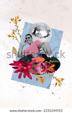 Vertical collage image of excited black white gamma guy dj spin vintage vinyl record disco ball fresh flowers isolated on drawing background
