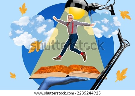 Collage photo of old funky pensioner man jumping air with suspenders inside book near big lamp november leaves print isolated on heaven background