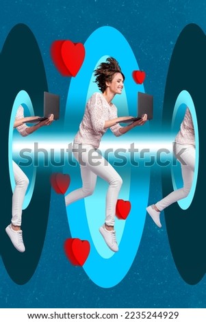 Vertical collage image of excited cheerful girl use netbook jump portal receive like notification