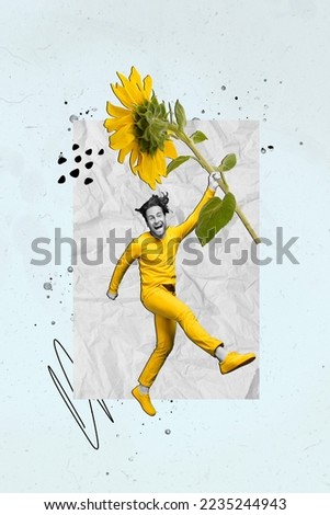 Vertical collage illustration of excited black white colors guy wear yellow clothes jump run arm hold big sunflower isolated on creative background