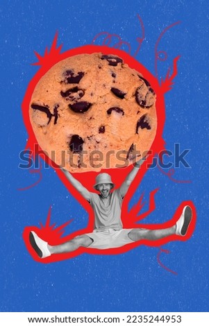 Creative photo 3d collage artwork poster postcard of happy crazy man hold huge sweet biscuit have fun isolated on painting background
