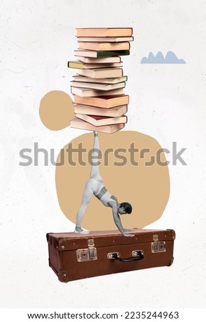Creative photo 3d collage artwork poster sketch of young girl stand hands textbooks placed on foot isolated on painting background