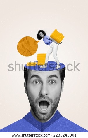 Vertical collage of black whote gamma mini girl hold pile stack money coins speak communicate top big impressed guy head open mouth Royalty-Free Stock Photo #2235245001