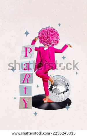Collage artwork graphics picture of charming lady flower instead head having fun dancing isolated painting background