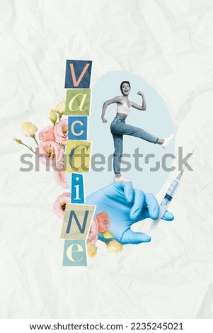 Creative photo 3d collage poster postcard picture of young woman go hospital to get vaccine isolated on painting background