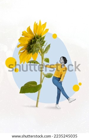 Creative photo 3d collage poster postcard picture of young beautiful lady stands near big sun flower isolated on painting background Royalty-Free Stock Photo #2235245035