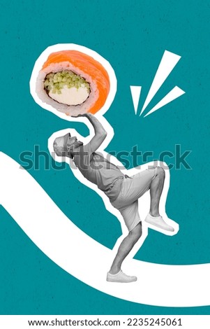 3d retro abstract creative collage artwork template of excited guy catching huge sushi roll isolated painting background