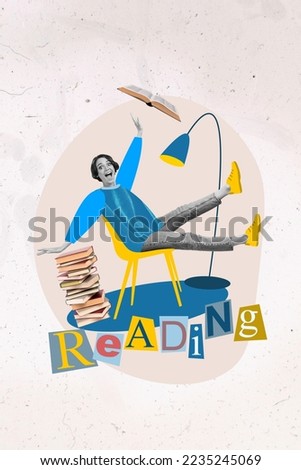 Photo sketch collage graphics artwork picture of exited funky lady enjoying reading book isolated drawing background