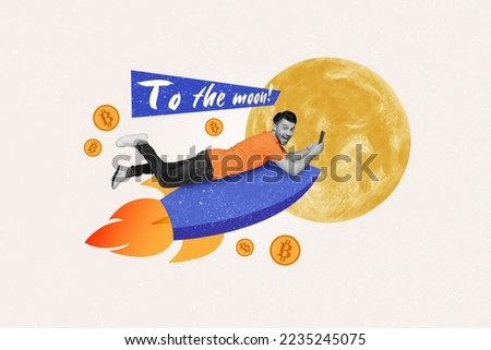 Collage 3d image of pinup pop retro sketch of funny smiling guy riding rocket earning money isolated painting background Royalty-Free Stock Photo #2235245075