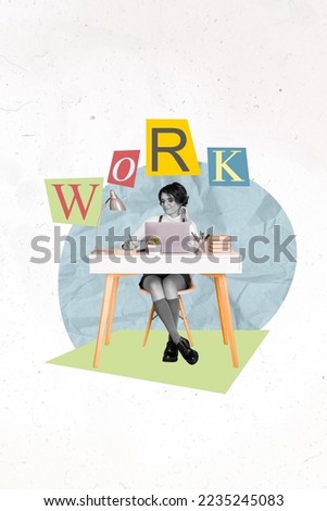 Collage 3d image of pinup pop retro sketch busy lady hiring new workers isolated painting background
