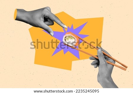 Creative photo 3d collage artwork poster postcard of two human arm hold sticks sushi enjoying tasty meal isolated on painting background Royalty-Free Stock Photo #2235245095