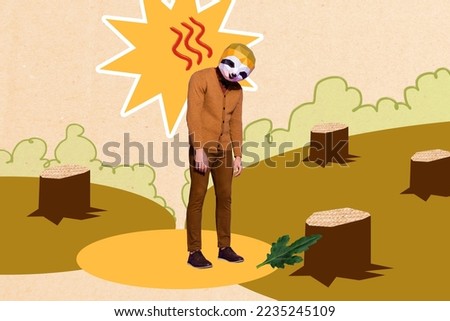 Creative collage image of sad upset sloth head guy stand between felled tree forest isolated on painted landscape background