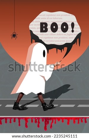 Collage photo invitation scary girl wear white ghost costume trick or treat hold phone frightening isolated on painted bloody road background