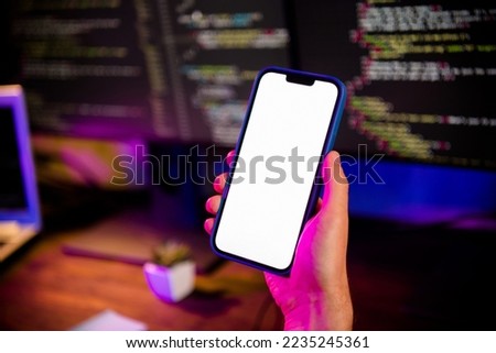 Photo of programmer arms hands coding shopping order service app modern device empty space indoors workplace workshop home
