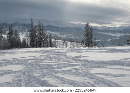 Winter wonderland in polish mountains. Bialka Tatrzanska with Tatra mountains view. Snow background.