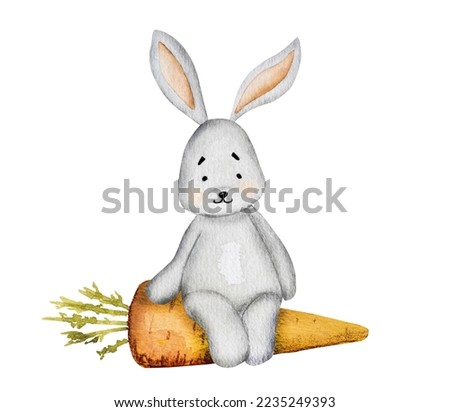 Cute bunny with carrot watercolor painting for baby child postcard. Cartoon rabbit with orange vegetable aquarelle drawing for children decoration