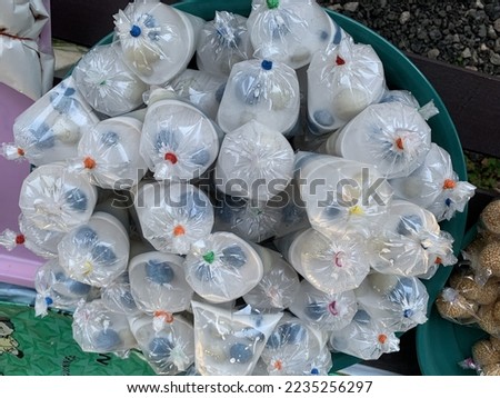 Bald dessert is a type of Thai dessert made with flour, coconut milk and mung bean filling. Before selling, the seller will put the bags in the basket to sell in the market.