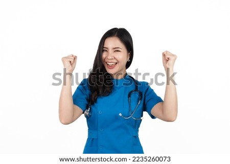 Happy, lucky, Medical nurse character woman hospital worker, Young confident Asian woman nurse hospital worker in blue clothing isolated on white background.