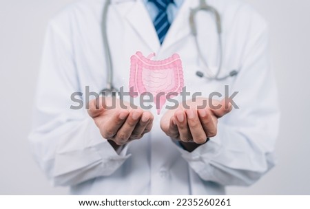 doctor in a white coat hands holding stomach with intestine virtual icon, probiotics food for gut health, colon cancer, bowel inflammatory. Health checkup concept. Royalty-Free Stock Photo #2235260261