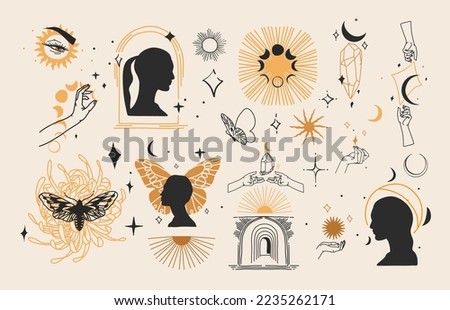 Hand drawn vector abstract graphic illustration with logo elements collection set,magic crescent,butterfly,flowers,moon and human hands white silhouettes,isolated. Mystical butterfly design concept.