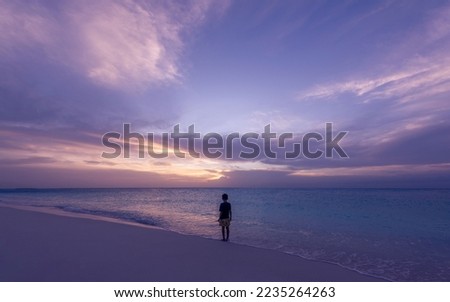 A silhouette of a person standing at the shore at a mezmerizing soft purple sunset