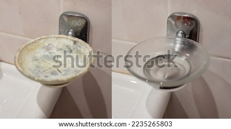 Soap dish holder before and after cleaning. It had huge soap scum build up, but now it clean and shiny. Almost like new. Royalty-Free Stock Photo #2235265803