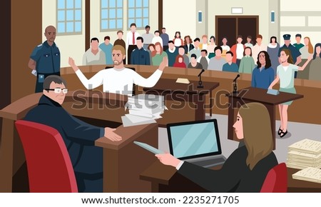 Court judgment, law justice concept vector illustration. Cartoon advocate lawyer or prosecutor character giving speech in front of judge, jury in courtroom, criminal defense public process background. Royalty-Free Stock Photo #2235271705
