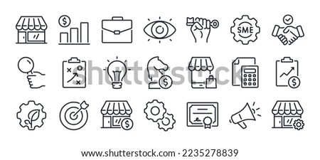 SME concept small and medium sized enterprises related editable stroke outline icons set isolated on white background flat vector illustration. Pixel perfect. 64 x 64. Royalty-Free Stock Photo #2235278839