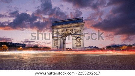 Arc de Triomphe(Arch of Triumph) Paris city at sunset. Long exposure panorama Royalty-Free Stock Photo #2235292617