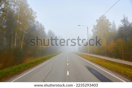 Empty asphalt road (highway) through the forest. Thick fog. Concept autumn landscape. Transportation, dangerous driving, speed, freedom, travel, tourism, the way forward themes