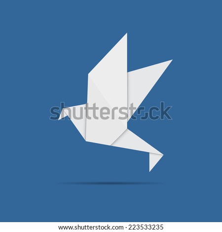 White folded paper, origami pigeon on blue background. vector illustrations