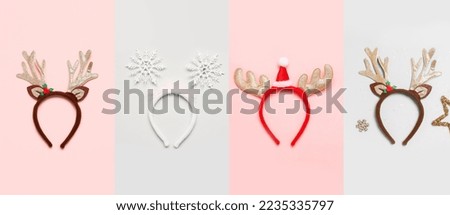 Collage of stylish Christmas headbands on light and pink backgrounds