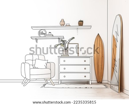 New interior of living room with comfortable armchair, chest of drawers, surfboard and mirror