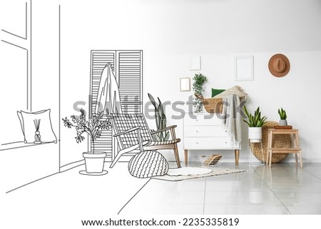 New interior of living room with comfortable armchair, chest of drawers, folding screen and houseplants Royalty-Free Stock Photo #2235335819