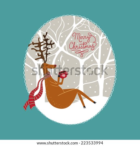 vector Christmas card with a  sitting deer. It can be used for card, postcard, banner, sticker, wallpaper.