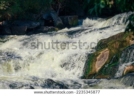 A waterfall on a small river on a sunny day. Water flow on river rapids